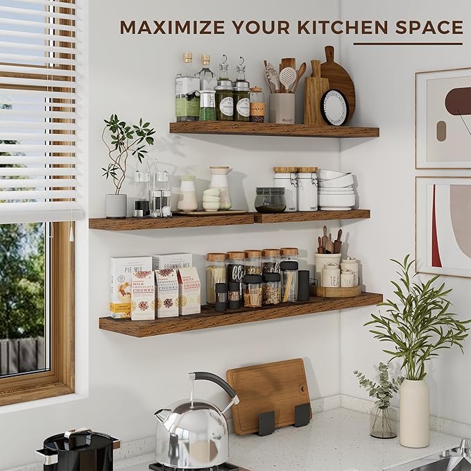 24 inch Floating Shelves Long Floating Shelves for Wall Large Wall Mounted Shelves with Invisible Brackets, Brown Shelves for Bathroom, Living Room, Kitchen, Office, 24x6.7 inch deep Set of 2-Ruum Studio Home