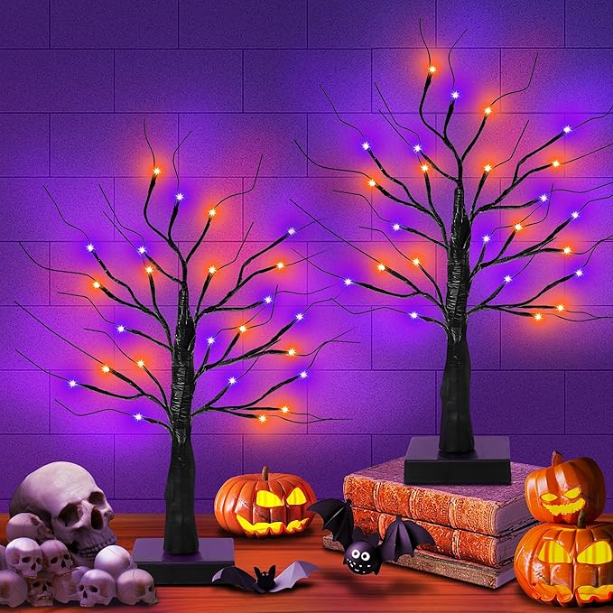 [Timer] 2 Pack 24 Inch Black Halloween Tree with Orange Purple Lights, USB/Battery Operated Light Up Halloween Table Decorations, Spooky Halloween Decorations Indoor Home Mantle Room Party Decor-Ruum Studio Home
