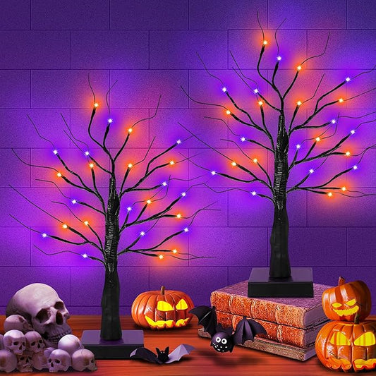 [Timer] 2 Pack 24 Inch Black Halloween Tree with Orange Purple Lights, USB/Battery Operated Light Up Halloween Table Decorations, Spooky Halloween Decorations Indoor Home Mantle Room Party Decor-Ruum Studio Home