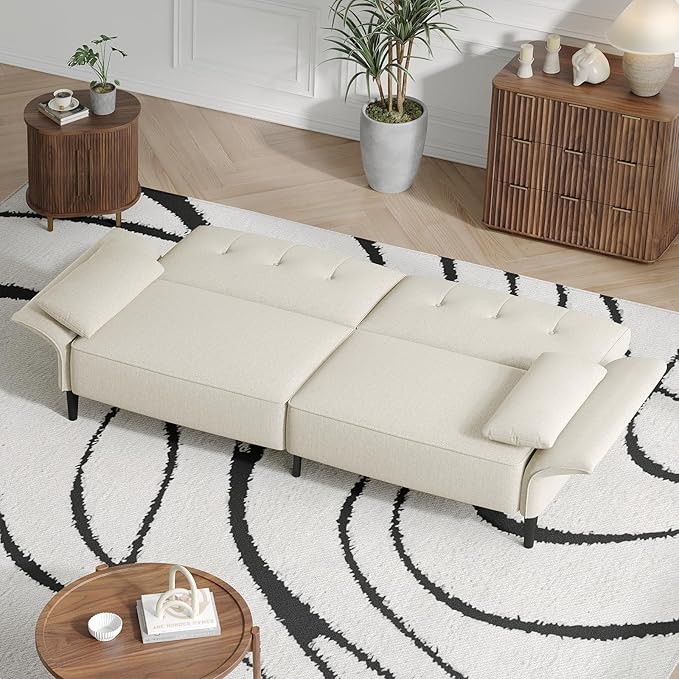 89” Futon Sofa Bed, Linen Comfy Futon Couch Bed with 2 Square Pillows, Convertible Sleeper Sofa with Adjustable Backrest& Armrests, Modern Loveseat Sleeper for Living Room, Bedroom, White-Ruum Studio Home