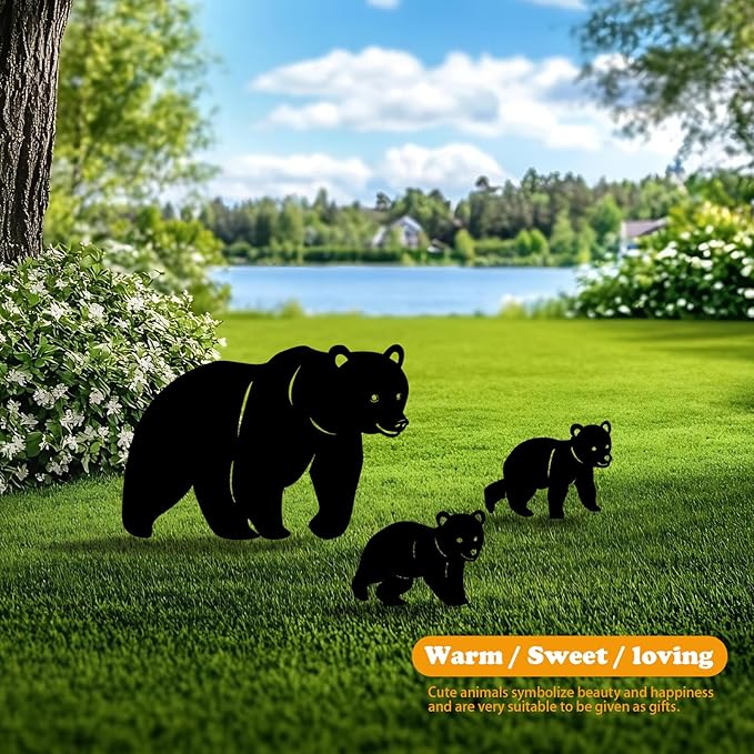 3 Pack Bear Metal Garden Decorative Stakes, Weather Proof Silhouette Statues for Yard, Patio,Outdoor Decor for Bear Lovers and Pet Owners-Ruum Studio Home