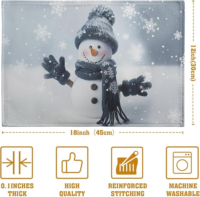 Snowman Placemats Set of 4, 12x18 Inch Winter Cute Blue Snowman Snowflake Table Mats Seasonal Christmas Holiday Washable Linen Fabric Place Mats for Farmhouse Party Kitchen Dining Decor-Ruum Studio Home