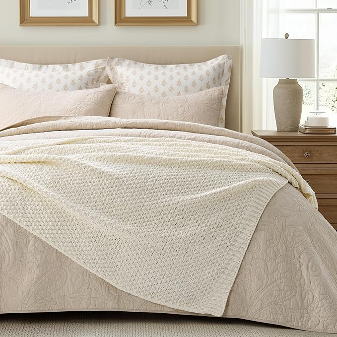 Chunky Chenille Knit Throw Blanket for Couch, Soft Luxurious Moss Stitch Blankets for Bed, Cozy Decorative Farmhouse Knitted Throws for Sofa, Ivory White, 50" x 60"-Ruum Studio Home