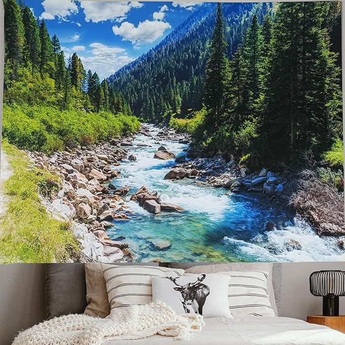 Nature Forest Mountain Tapestry Green Pine Tree Stream Tapestry White Clouds Flowing River Valley Landscape Scenery Tapestries Wall Hanging for Bedroom Dorm Living Room Office Classroom 60 x 40 Inch-Ruum Studio Home