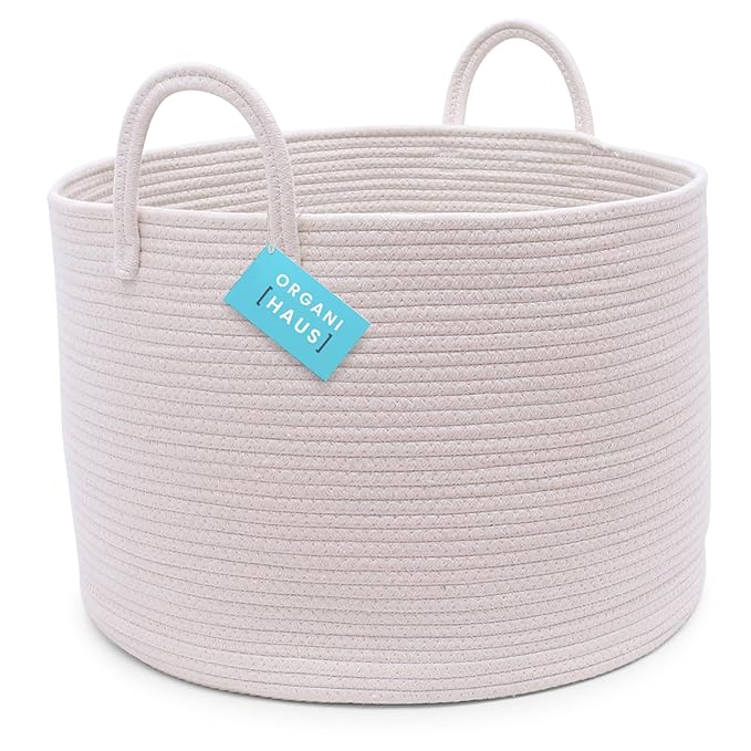 OrganiHaus Large Laundry Basket, Woven Cotton Rope Basket for Blankets, Toy Storage, Nursery Hamper, Living Room Decor Organizer, Soft & Durable Hamper with Handles, 20x13 inches - Off-White-Ruum Studio Home
