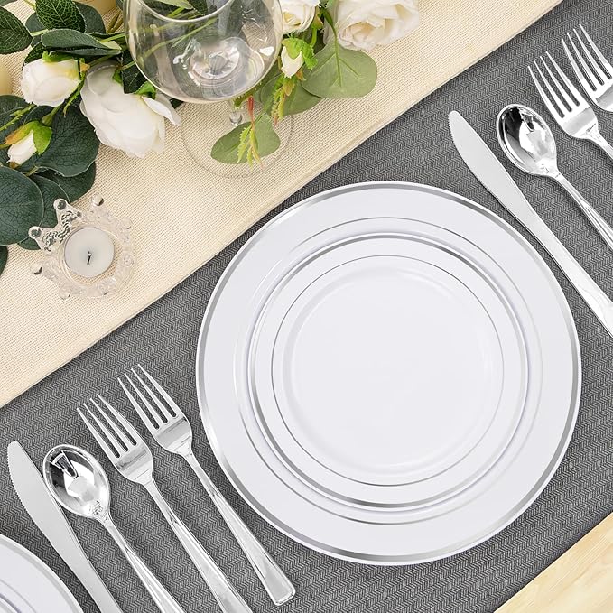 FLOWERCAT 60PCS Silver Plastic Plates - Heavy Duty White and Silver Plastic Plates Disposable - Include 30PCS 10.25inch Dinner Plates and 30PCS 7.5inch Dessert Plates for Wedding&New Year-Ruum Studio Home