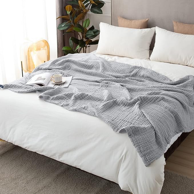 EMME Cooling Throw Blanket for Hot Flashes Muslin Throw Blanket 100% Cotton Throws Gauze All Season Soft Lightweight Breathable (Light Grey, 60"x80")-Ruum Studio Home