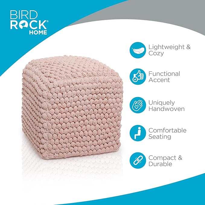 BIRDROCK HOME Buds Pouf Foot Stool Ottoman - Knit Bean Bag Floor Chair - Cotton Braided Cord - Great for The Living Room, Bedroom and Kids Room - Small Furniture (Dusty Rose - Buds)-Ruum Studio Home