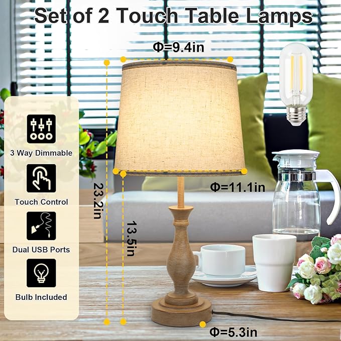 Touch Lamps for Bedrooms Set of 2, Farmhouse Table Lamp with Dual USB Charging Ports, 3 Way Dimmable Nightstand Lamps with Linen Fabric Lampshade for Bedroom (Pack 2-Beige Shade & Antique Brown)-Ruum Studio Home