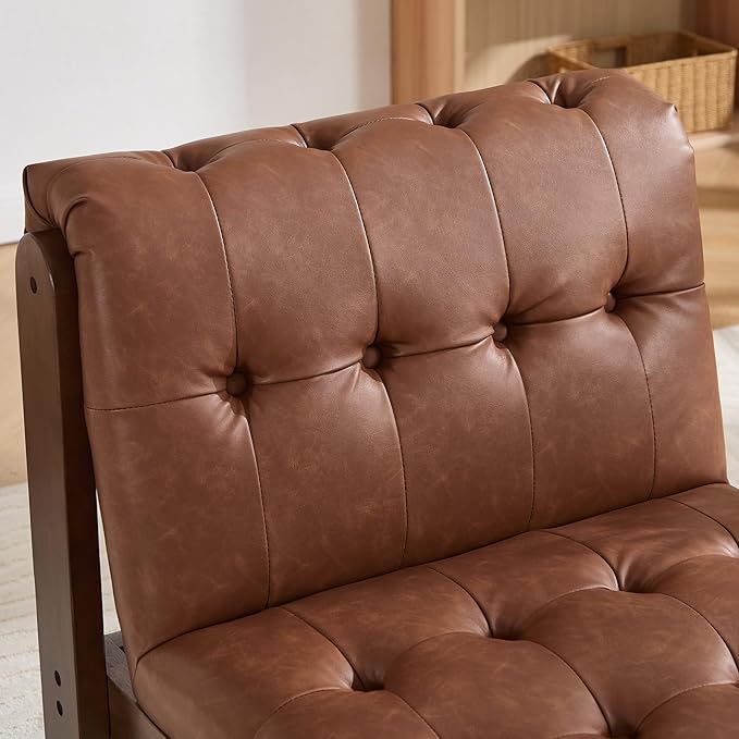 Modern Armless Accent Chair for Living Room, Brown PU Leather Button Tufted Upholstered Lounge Reading Chair with Walnut Wood Frame-Ruum Studio Home