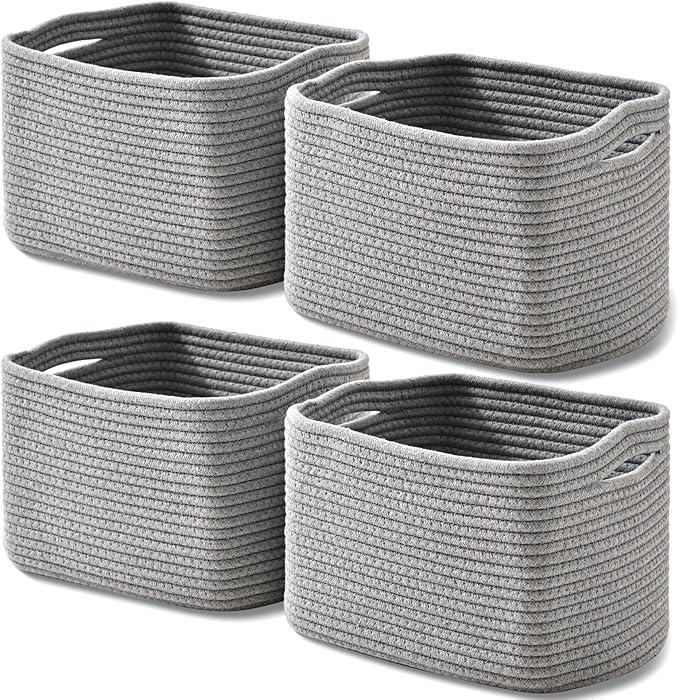 Small Storage Baskets for Shelves Organizing, Woven Cotton Rope Baskets for Storage, Book Basket, Decorative Shelf Basket, 12.5"Lx9.1''Wx7.9''H (4 Packs) Grey-Ruum Studio Home