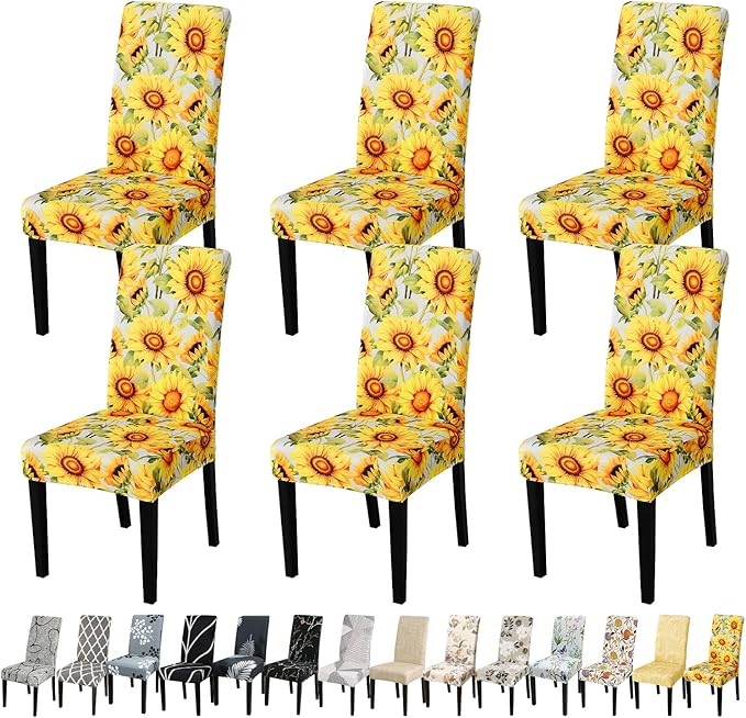 JQinHome Pattern Chair Covers for Dining Room Set of 6, High Stretch Removable Washable Parsons Chair Slipcover for Home Party Hotel Wedding Ceremony (Sunflower,6PCS)-Ruum Studio Home