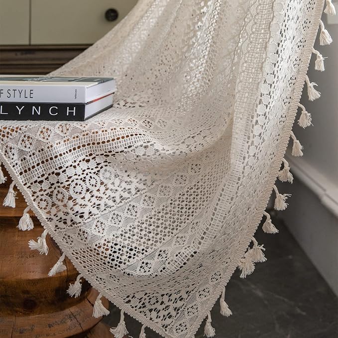 Sutuo Home Boho Curtains Crochet Lace Semi-Sheer Bohemian Hollow Knitted Handmade Tassels, Rod Pocket Window Treatment Vintage Rustic Farmhouse Drapes for Living Bedroom, 1 Panel 59" W x 72" L, Beige-Ruum Studio Home