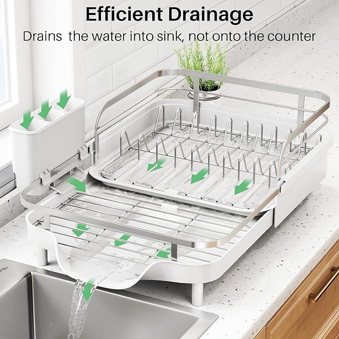 Dish Drying Rack, Expandable Dish Rack for Kitchen Counter, Stainless Steel Dish Drainer with Drainboard Set and Utensil Holder (White)-Ruum Studio Home