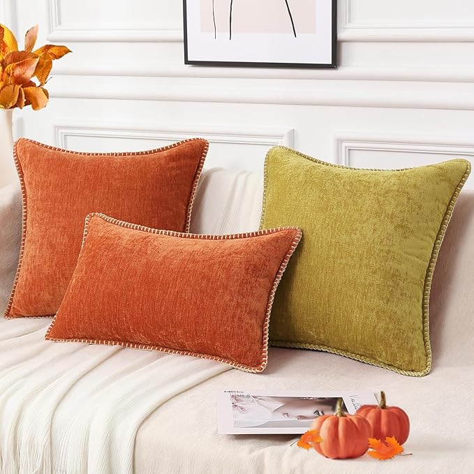 decorUhome Fall Chenille Soft Throw Pillow Covers 24x24 Set of 2, Farmhouse Velvet Neutral Decorative Euro Pillow Covers with Stitched Edge for Couch Sofa Bed Home Decor, Rust-Ruum Studio Home