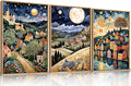 LHIUEM Large Abstract Colorful Framed Canvas Wall Art,Retro Night Village Wall Decor,Natural Moon Stars Wall Painting,Gustav Klimt Scenery Artwork for Living Room,Bedroom,Dining Room,Office -24"x36"x3-Ruum Studio Home