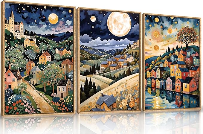 LHIUEM Large Abstract Colorful Framed Canvas Wall Art,Retro Night Village Wall Decor,Natural Moon Stars Wall Painting,Gustav Klimt Scenery Artwork for Living Room,Bedroom,Dining Room,Office -24"x36"x3-Ruum Studio Home