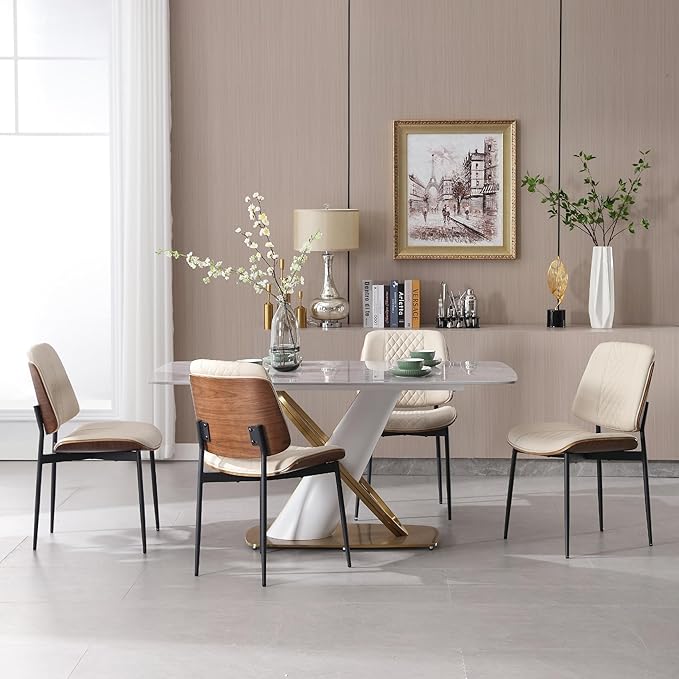 BV Dining Chairs Set of 4, PU Leather Armless Kitchen Chair in Modern Walnut Style, Mid Century Bentwood Side Chair with Metal Legs, Retro Accent Guest Chair for Kitchen Dining Room(Beige)-Ruum Studio Home