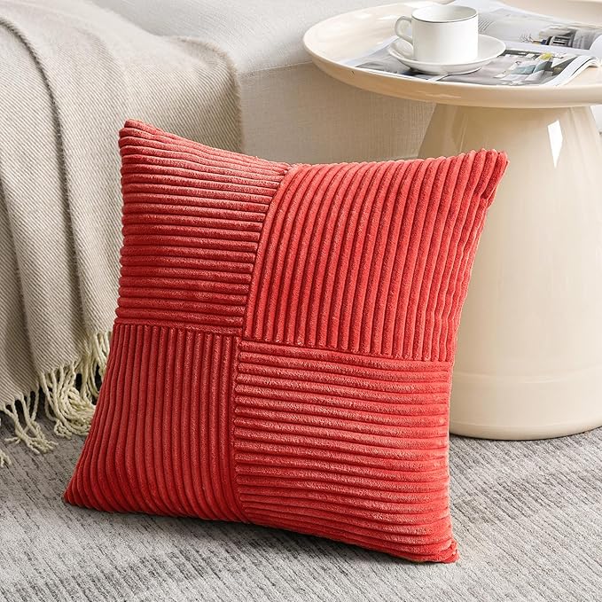 Fancy Homi 2 Packs Red Decorative Throw Pillow Covers 18x18 Inch for Living Room Couch Bed Sofa, Rustic Boho Farmhouse Home Decor, Soft Corss Corduroy Patchwork Textured Square Cushion Case 45x45 cm-Ruum Studio Home