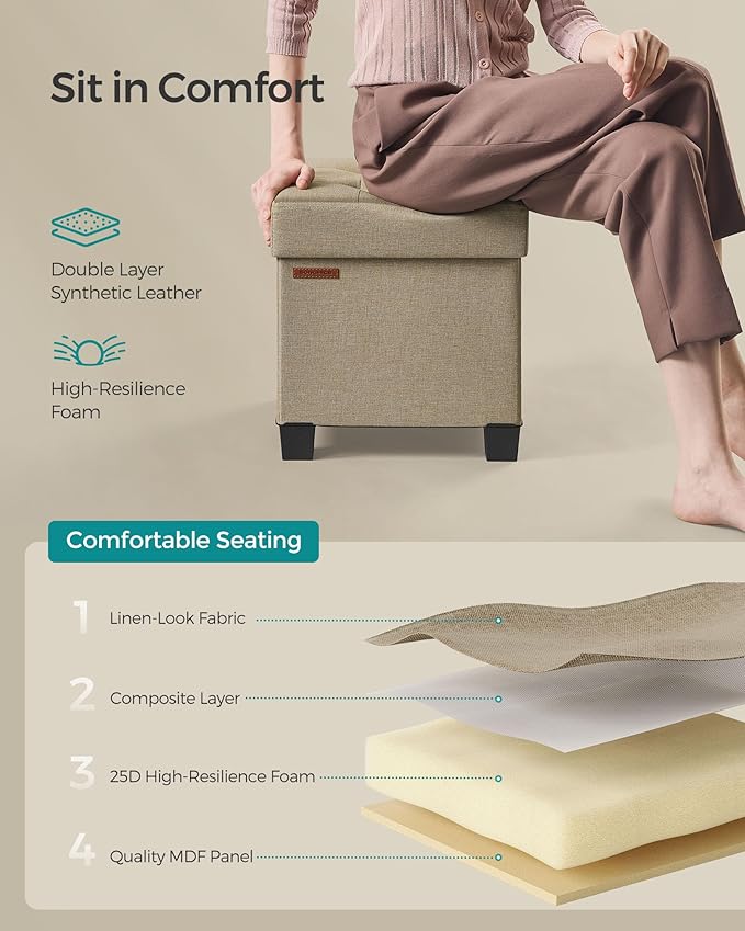 SONGMICS Storage Ottoman, Small Ottoman Foot Rest with Legs, 15 x 15 x 15.7 Inches Foot Stool, Load up to 660 lb, for Living Room, Bedroom, Dorm, Camel Brown ULSF014K01-Ruum Studio Home