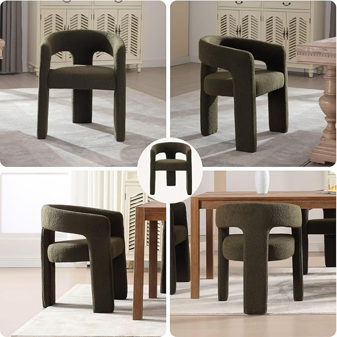 Green Sherpa Dining Chairs Set of 2, Modern Barrel Dining Room Chairs Upholstered Faux Fur Accent Chair with Arms and Round Back for Living Room Kitchen Armchair No Assembly Needed-Ruum Studio Home