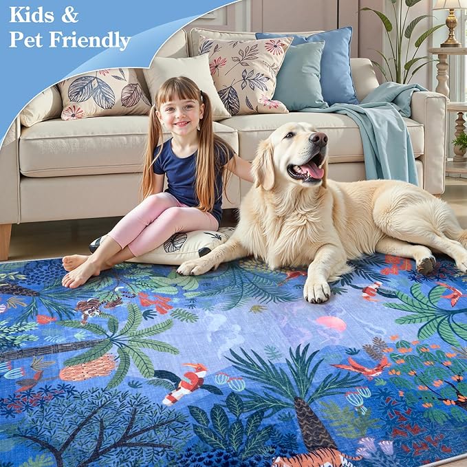 LIVEBOX Washable Jungle Animal Print Rugs 9x12 Blue Rugs for Living Room, Stain Resistant Soft Kids Area Rugs for Bedroom, Non-Skid Modern Dining Room Rug Floor Carpet for Playroom Kids Nursery-Ruum Studio Home
