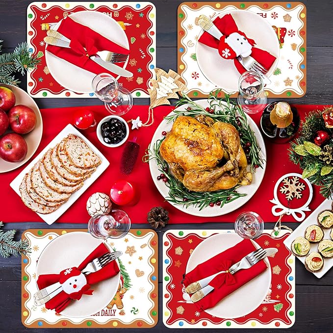 Christmas Placemats Set of 6 Christmas Retro Gingerbread Plastic Table Mats Xmas Bakery Gingerbread House Place Mats Winter Holiday Table Decoration for Indoor Outdoor Party Kitchen Dining-Ruum Studio Home