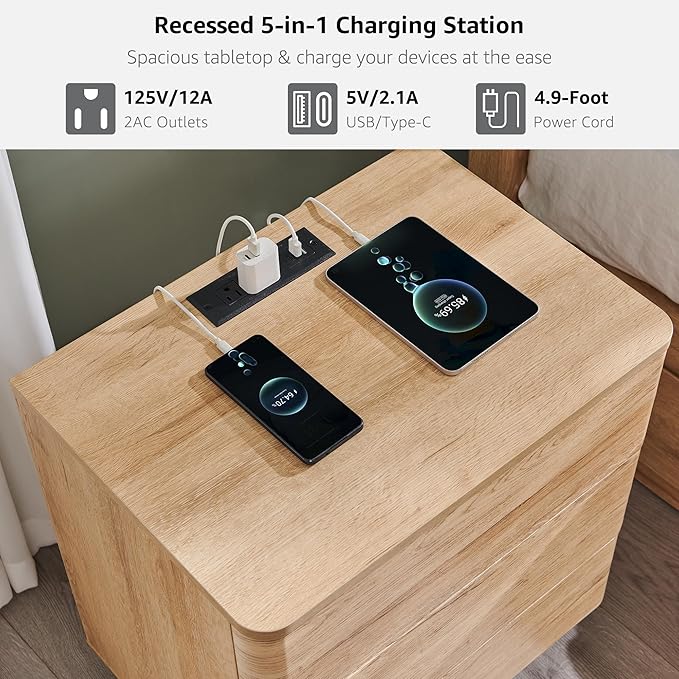 JXQTLINGMU 22" Modern Nightstand with Charging Station, Large Push-to-Open End Table, Wood Bedside Table w/Curved Profile Design, Handleless 3 Drawer Night Stand for Bedroom, Living Room, Natural Oak-Ruum Studio Home