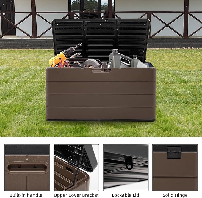 Premium Pro Edition 100 Gallon Lockable Resin Deck Box, Waterproof & UV-Resistant Outdoor Storage Box for Outdoor Cushion Storage, Garden Tools & Pool Accessories Storage, Brown-Ruum Studio Home