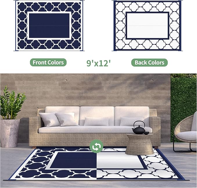 GENIMO 9' x 12' Outdoor Rug Waterproof for Patio Decor, Foldable Reversible Plastic Straw Area Rugs Mat for Camper, Outside Carpet for Rv, Deck, Porch, Picnic, Beach, Balcony, Blue & White-Ruum Studio Home