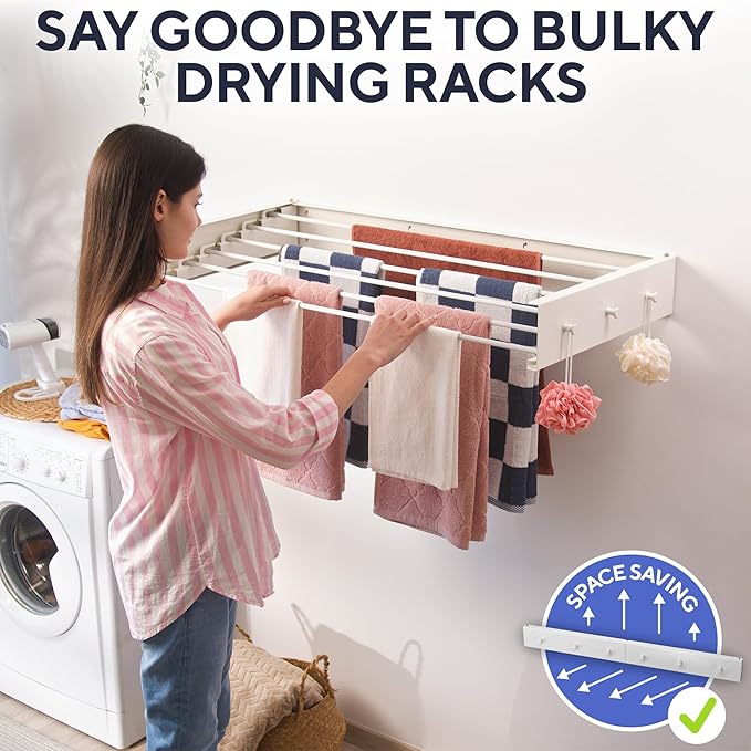 Foldable Wall Mounted Drying Rack 40 inch - Easy to Install Hanging Rack for Laundry Room - Space Saving Design with 66-lb Capacity - Perfect Drying Racks for Clothes Towels & More-Ruum Studio Home