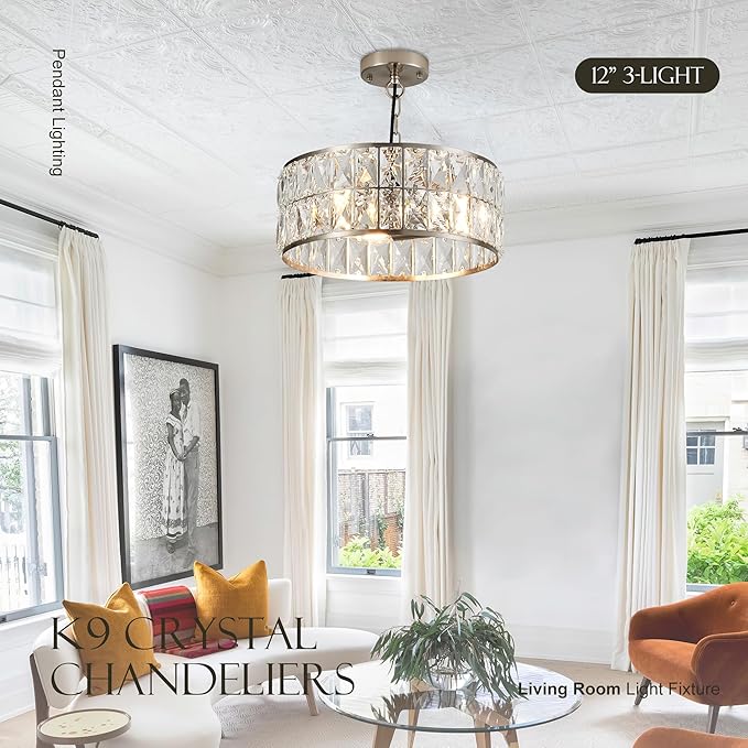 12” 3-Light Modern Crystal Chandeliers Nickel Dinning Room Light Fixture, Round Pendant Light Kitchen Island Chandelier, Flush Mount Ceiling Light for Living Room Entryway Bedroom Foyer-Ruum Studio Home