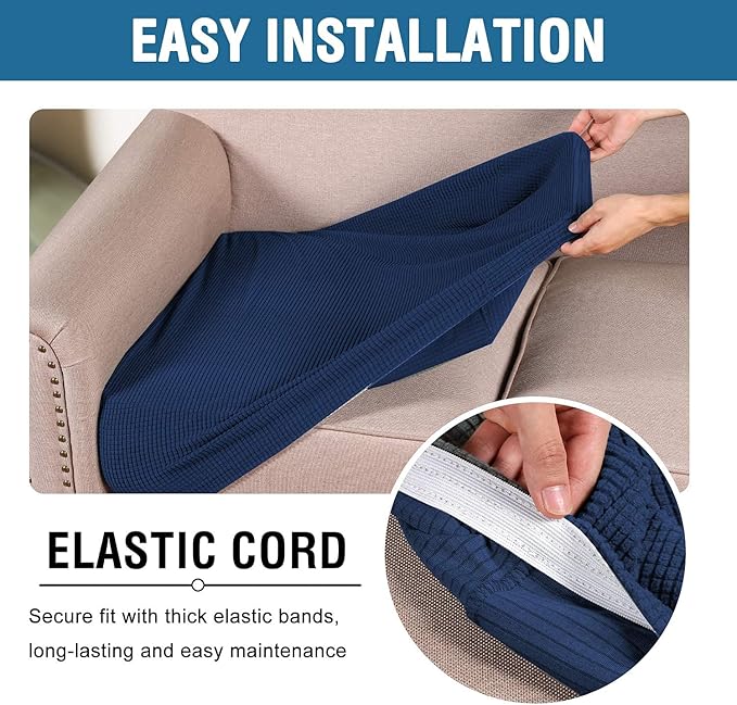 H.VERSAILTEX Super Stretch Individual Seat Cushion Covers - 2 Piece Large Sofa Cushion Covers, Navy, Thick Jacquard Textured Twill Fabric Sets-Ruum Studio Home
