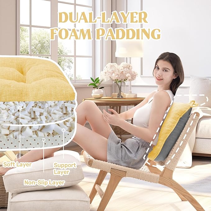 puredown® Chair Cushions for Dining Chairs, Tufted Memory Foam Chair Pads with Non-Slip Backing, Kitchen Seat Cushions with Ties, Washable Pads Set of 4, 15.5" x 15.5" x 4", Yellow-Ruum Studio Home