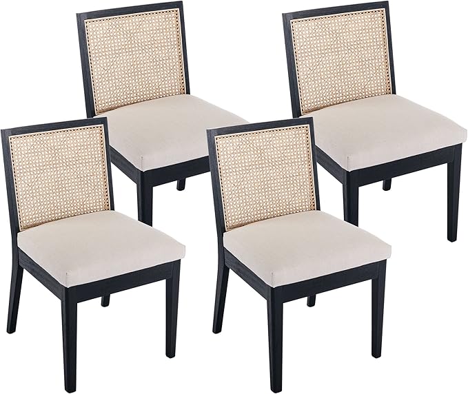VESCASA Upholstered Dining Chairs with Square Wooden Rattan Back, Armless Padded Linen Cushion Dining Chairs with Wood Legs for Dining Room, Kitchen, Set of 4, Black Frame-Ruum Studio Home