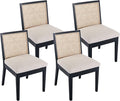 VESCASA Upholstered Dining Chairs with Square Wooden Rattan Back, Armless Padded Linen Cushion Dining Chairs with Wood Legs for Dining Room, Kitchen, Set of 4, Black Frame-Ruum Studio Home