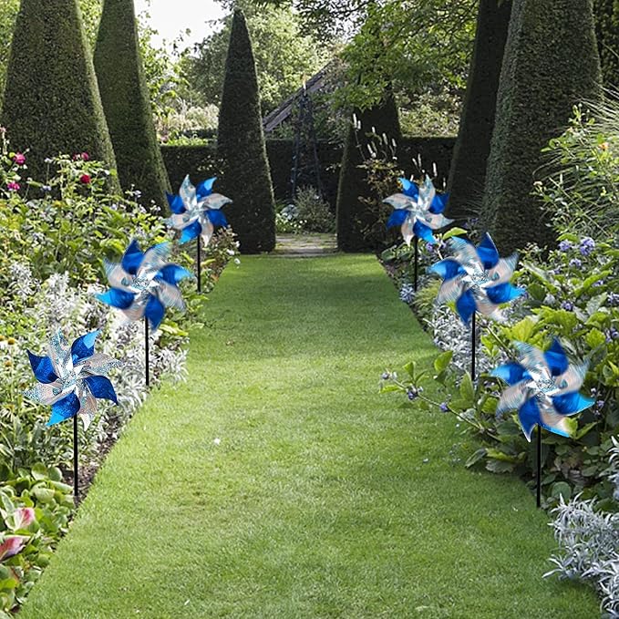 Hausse 10 Pack Reflective Pinwheels, Extra Sparkly Pinwheel, Bird Repellent Devices Deterrent to Scare Birds Away from Yard Patio Farm, Blue & Silver-Ruum Studio Home