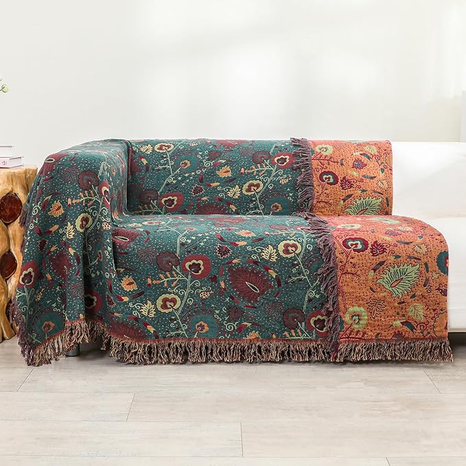 Boho Throw Blanket for Bed,100% Ultra Cotton Soft Breathable Bed Throw Floral Printed Farmhouse Decor Rustic Bed Throws for Couch Sofa Quilt 60" x 80"-Ruum Studio Home