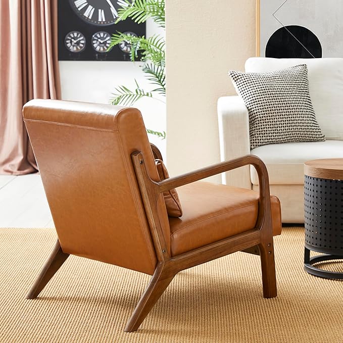 Glitzhome 2 Set Mid Century Yellowish Brown Accent Armchair, Single Reading Armchair PU Leather Lounge Chair with Walnut Ruberwood Frame-Ruum Studio Home