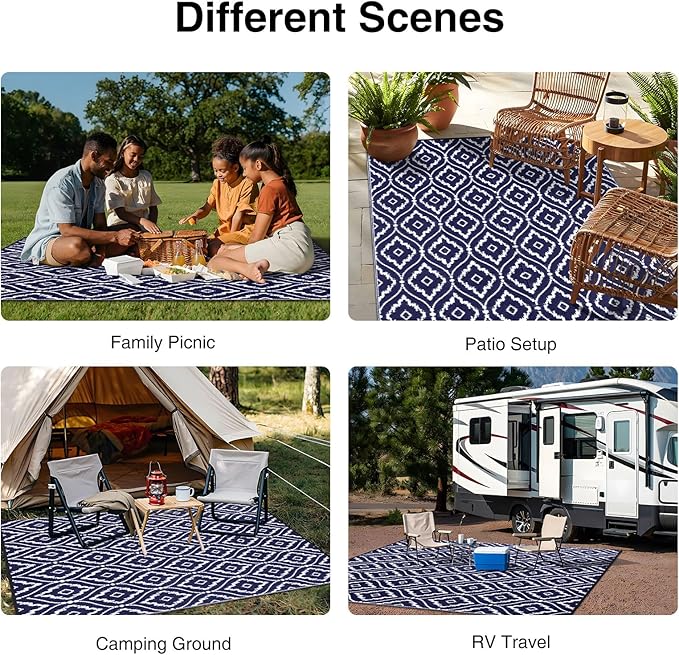 OLANLY Outdoor Rug 9x12 ft Waterproof, Outdoor Plastic Straw Rug with Geometric Pattern Clearance, Reversible RV Mat for Patio, Camping, Balcony, Deck, Backyard, Navy & White-Ruum Studio Home