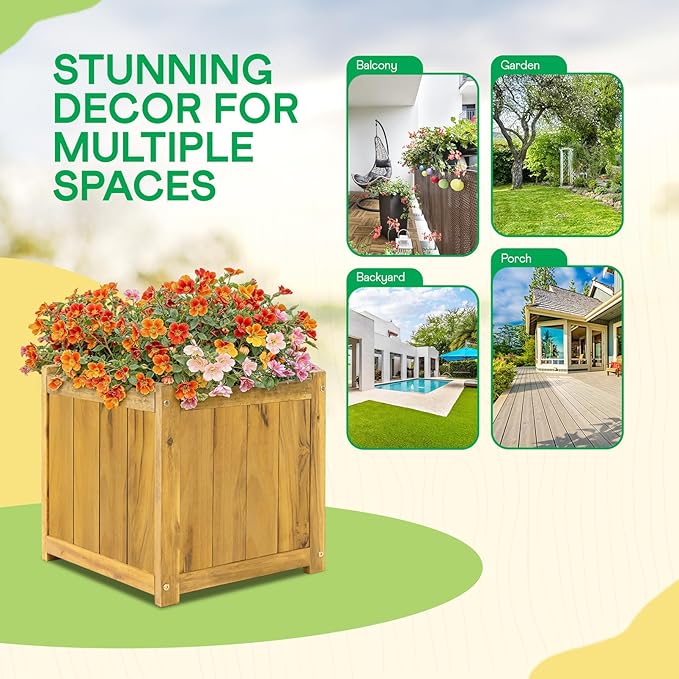 IDZO Acacia Wood Flower Planter Box for Outdoor Plants, 1pc Wooden Raised Garden Bed with Handles, Drainage Holes, Ideal for Garden and Home Décor, Golden Teak-Ruum Studio Home