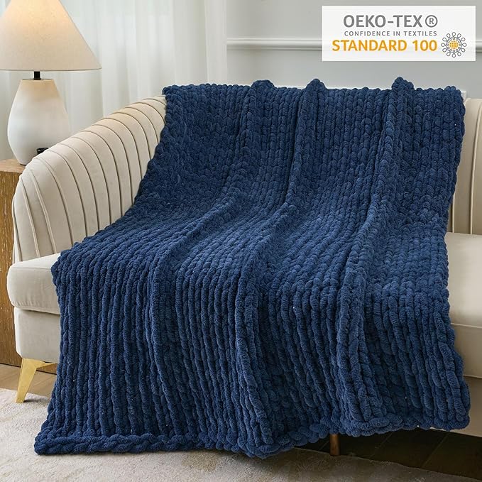 Esterra Chunky Knit Throw Blanket Newly Upgraded Heavy Tighter Version, Handmade Chenille Throw Super Soft, Thick Yarn Cable Knit Crochet Throw Blanket for Couch Bed Sofa, 50"x60", Navy Blue-Ruum Studio Home