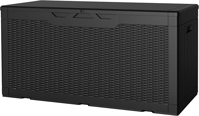 JUMMICO 100 Gallon Resin Deck Box, Waterproof Outdoor Storage Box with Lockable Lid for Garden Tools, Patio Cushions (Black)-Ruum Studio Home