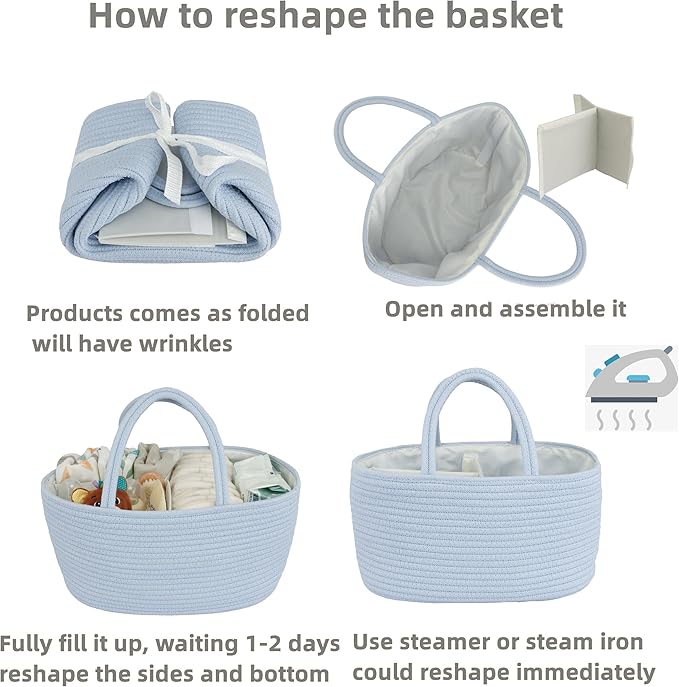 Diaper Caddy Organizer Cotton Rope Baby Basket Nursery Storage and Portable Tote Bag for Car Ideal Baby Shower Gifts and Registry Must-Have for Newborn Essentials blue-Ruum Studio Home