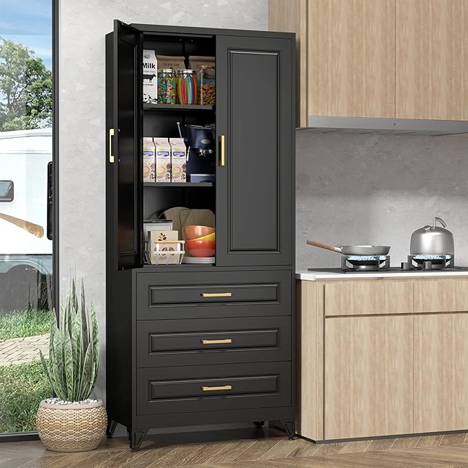 Pantry Kitchen Cabinet with Drawer, 75" Tall Pantry Storage Cabinet, Metal Storage Cabinets with Doors and Shelves, Large Freestanding Cupboard for Dining Room, Assembly Required, Black-Ruum Studio Home