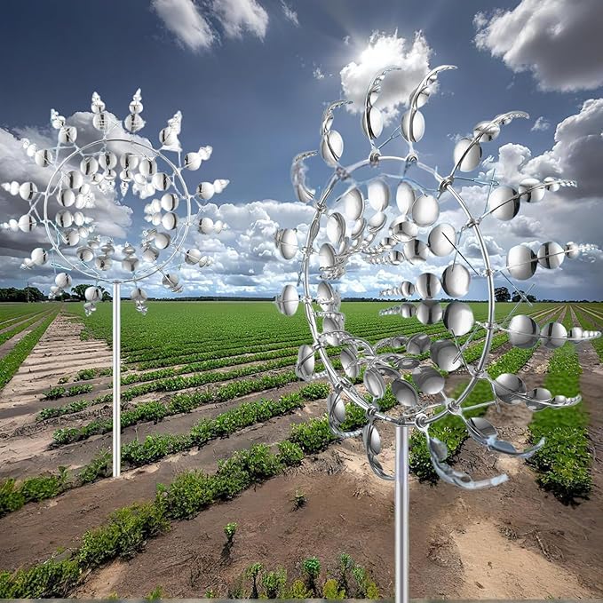 Unique and Magical Metal Windmill, 2Pcs Wind Spinners, 3D Wind Powered Kinetic Sculpture, Stainless Steel Wind Spinners, Wind Mill for Yard and Garden (2PCS-Silver)-Ruum Studio Home