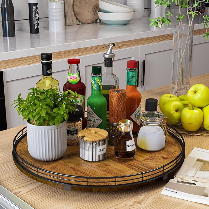 Farmhouse Oak 18" Lazy Susan Turntable Organizer for Cabinet, Round Wooden Lazy Susan Organization and Storage for Dining Table, Pantry, Kitchen, Countertop, Cupboard,Home Decor, Walnut Wood (18")-Ruum Studio Home