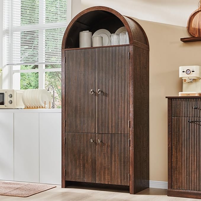 71" Tall Arched Bathroom Storage Cabinet, Modern Fluted Storage Cabinet w/Doors, 3 Adjustable Shelves, 6 Door Shelves, Wood Freestanding Cabinet for Bathroom, Entryway, Hallway, Brown-Ruum Studio Home