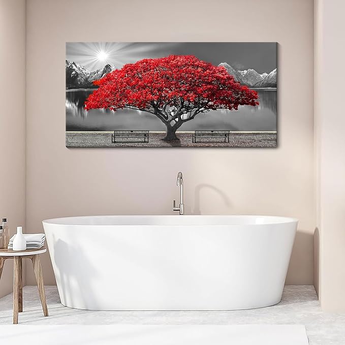 Black and White Red Tree Wall Art Canvas Print Picture Large Red Tree Landscape Modern Artwork for Living Room Bedroom Office Home Wall Decor With Frame 24X48inch-Ruum Studio Home