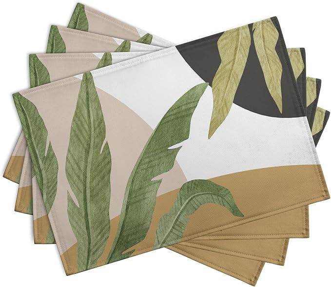 Tropical Palm Leaf Linen Placemats Set of 4 Summer Green Banana Leaves Themed Kitchen Place Mats Washable Non-Slip Heat Resistant Fabric Dining Table Placemats 12x18 Inch-Ruum Studio Home